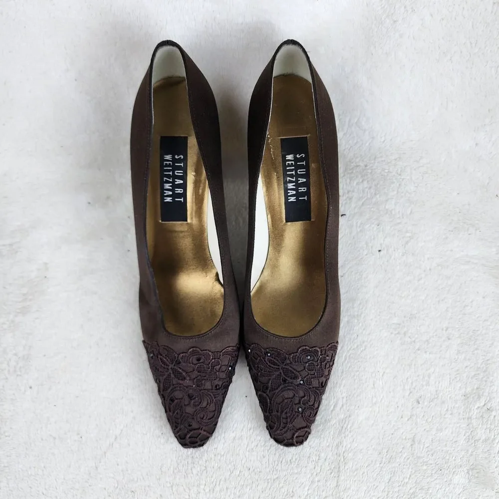 Stuart Weitzman Womens Square Toe Slip-On Lace Top High Heels Pumps Size 8N AA